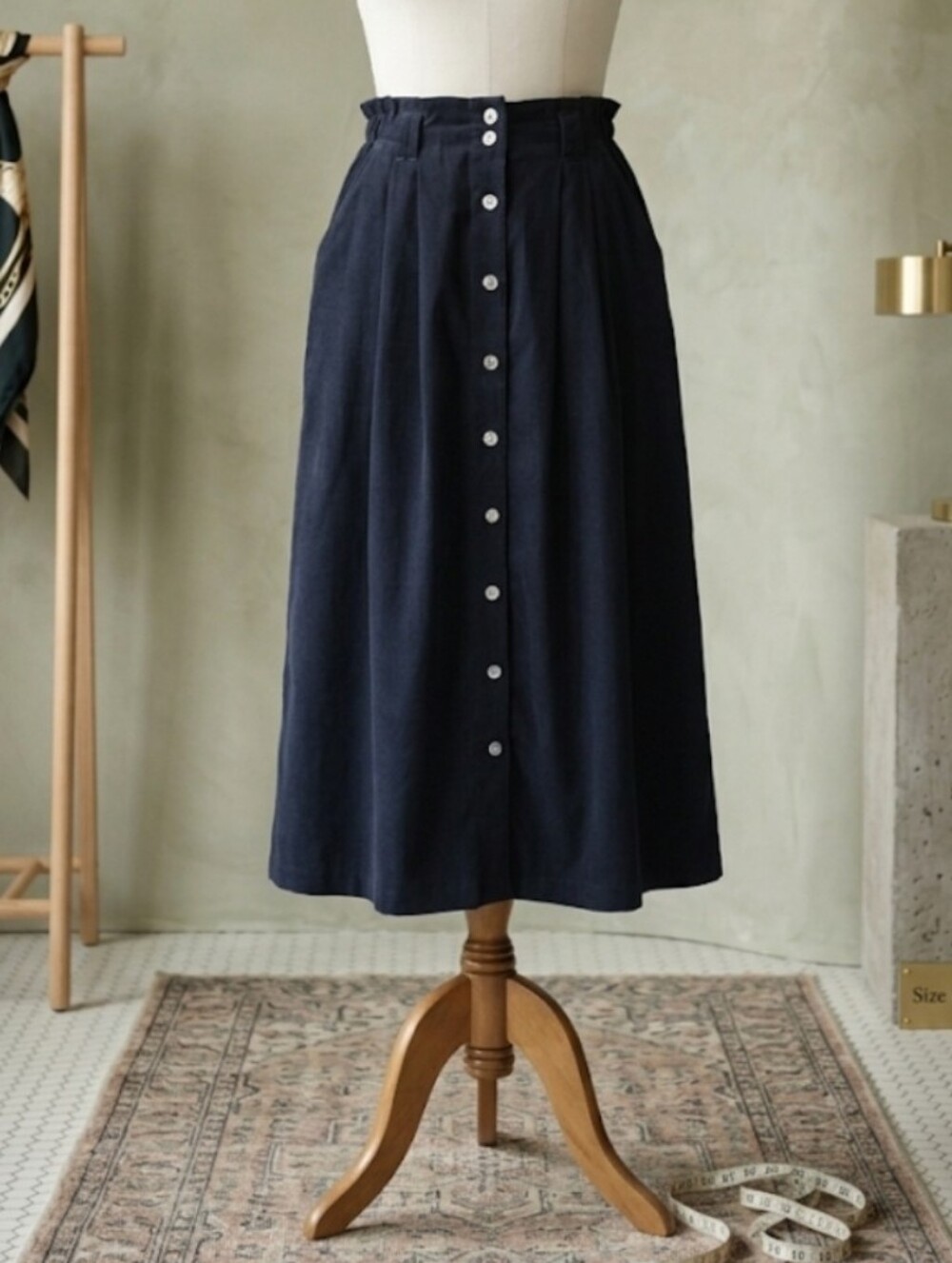 Vintage Talbots Black Corduroy Midi Skirt 100% Cotton Button Front Pockets 12
